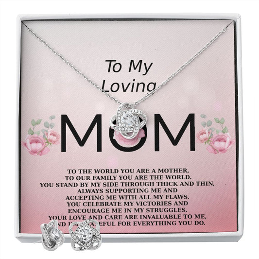Loving Mom - To Our Family You Are The World - Love Knot Necklace and Earring Set-FashionFinds4U