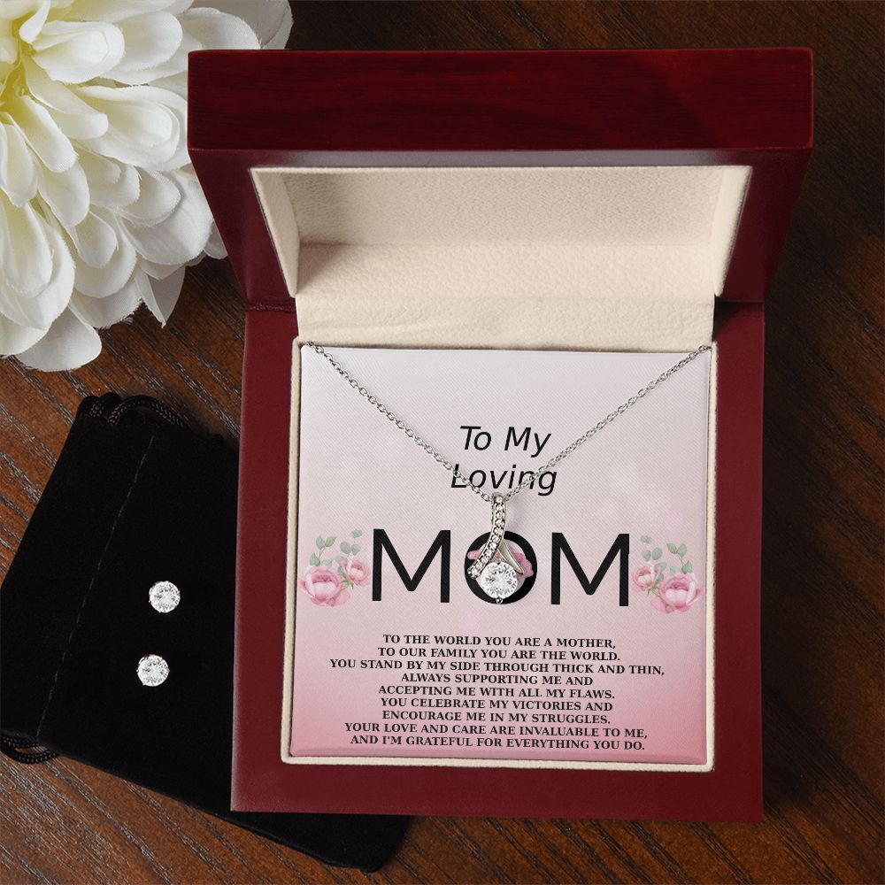 Loving Mom - To Our Family You Are The World - Ribbon Necklace and Earring Gift Set-FashionFinds4U