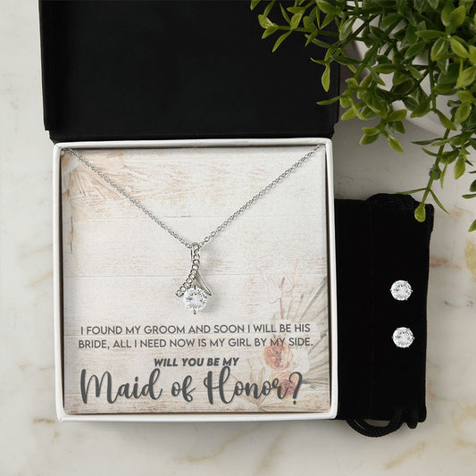 Maid of Honor Proposal Necklace - Bridal Jewelry - Ribbon Pendant Earring Set-FashionFinds4U