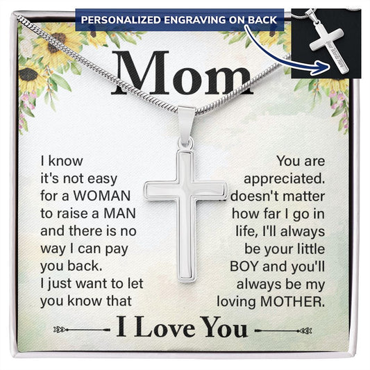 Mom - I know it's not easy - Engraved Stainless Steel Cross-FashionFinds4U