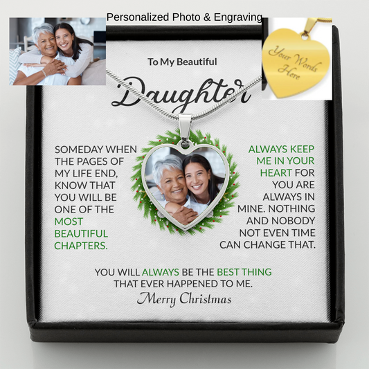 Personalized Daughter Engraved Heart Photo Necklace - Merry Christmas