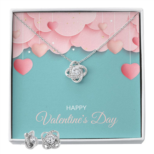 Pink Hearts Happy Valentine's Day Love Knot Necklace Earring Set-FashionFinds4U