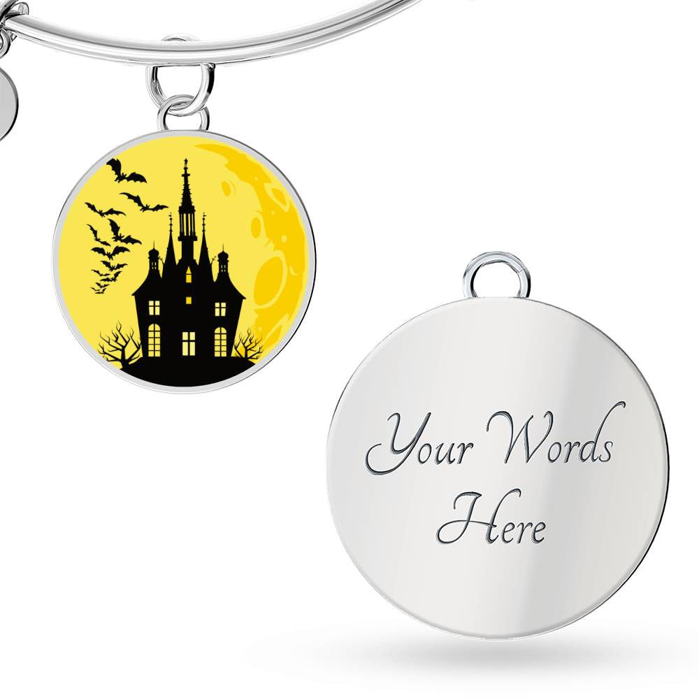 Halloween Jewelry, Haunted House Necklace, Halloween Gift, Spooky Charm Bracelet for Her, Engraved Keychain, Trick or Treat,  Full Moon,  Spooky,  Bats