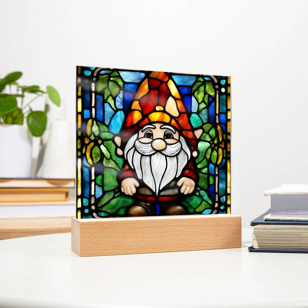 Gnome Faux Stained Glass Acrylic Square Plaque