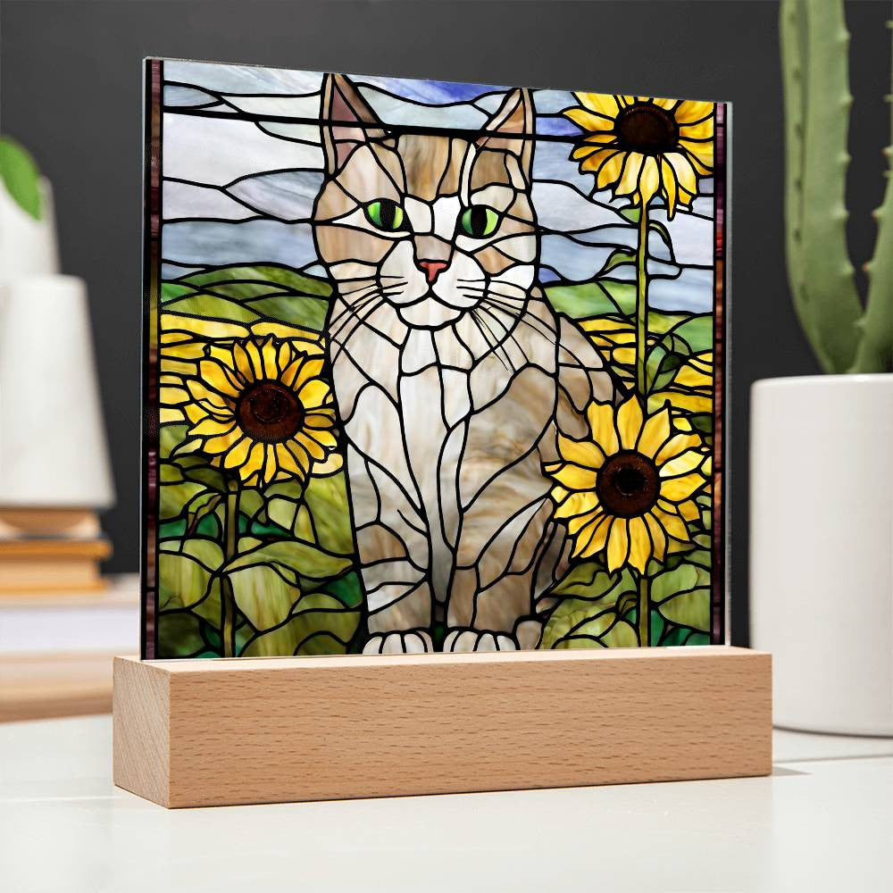 Cat Acrylic Plaque, Cat Lover Gift, Cat Gift, Cat Decor, Sunflowers, Home Decor, Nursery Light, Girls Room, Desk Plaque, Birthday Gift for Cat Mom