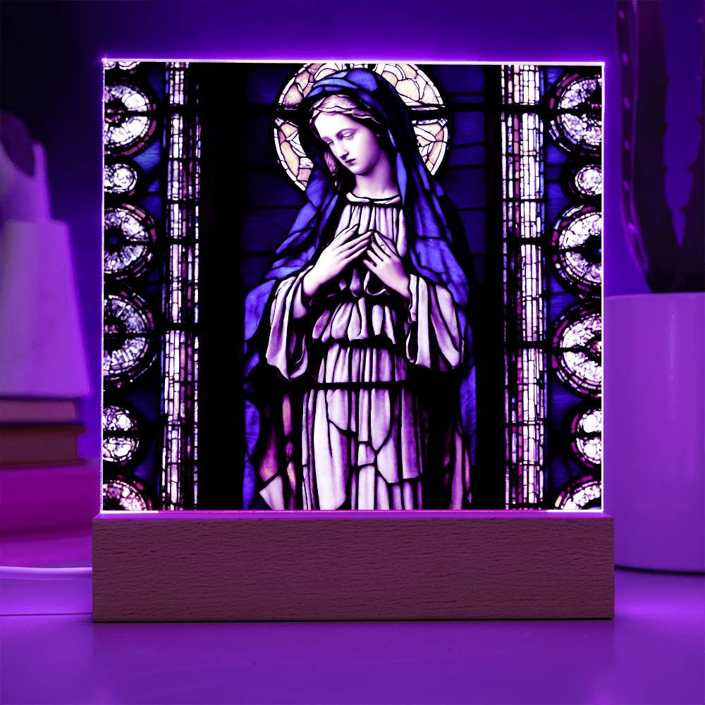 Faux Stained Glass Virgin Mary Acrylic Plaque, Virgin Mary Picture, LED Nightlight, Religious Gift, Home Decor, Catholic Gift, Square Plaque