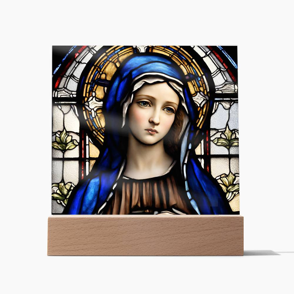 Faux Stained Glass Virgin Mary Acrylic Plaque, Virgin Mary Picture, LED Nightlight, Religious Gift, Home Decor, Catholic Gift, Square Plaque