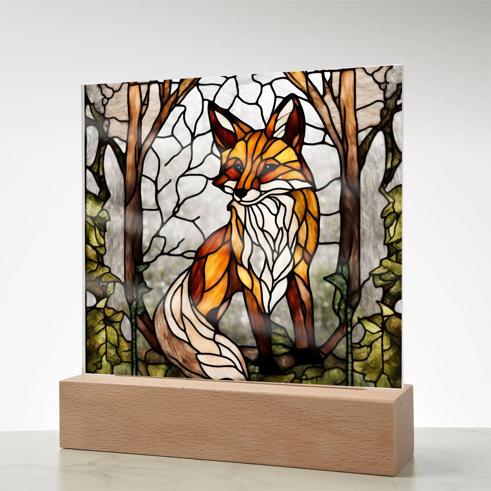 Acrylic Square Fox In The Woods Faux Stained Glass Acrylic Plaque Gift For Animal Lover Decoration For House LED Fox Nightlight Gift For Birthday Gifts