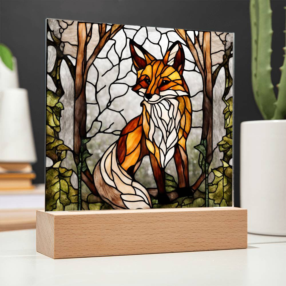 Acrylic Square Fox In The Woods Faux Stained Glass Acrylic Plaque Gift For Animal Lover Decoration For House LED Fox Nightlight Gift For Birthday Gifts